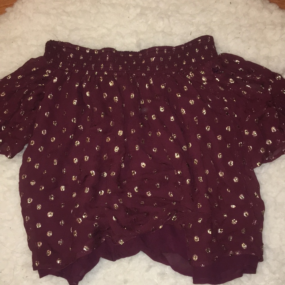 Maroon Dotted Off the Shoulder Flow Top